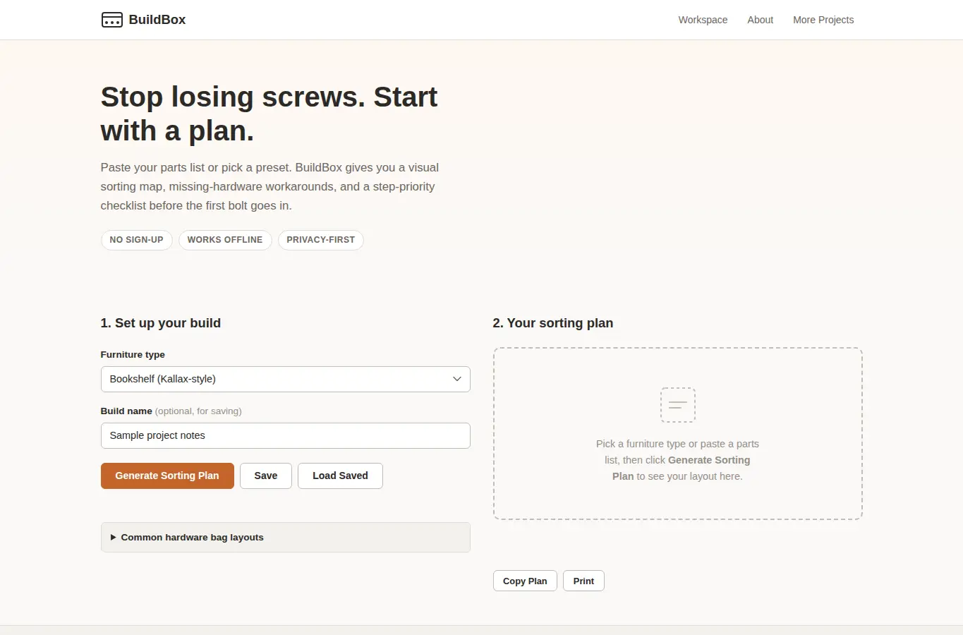 Screenshot of BuildBox: Furniture Assembly Hardware Sorter interface showing the project page in use